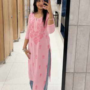 Radiant Baby Pink Chikankari Kurti with Denims crafted from soft cotton featuring elegant Chikankari embroidery for casual, office, and festive wear