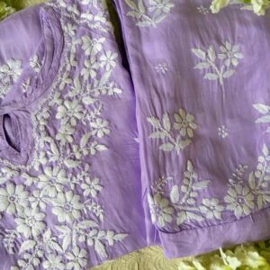 Radiant Lilac Lavender Muslin Chikankari Kurta Set front view featuring elegant hand embroidery and premium muslin fabric