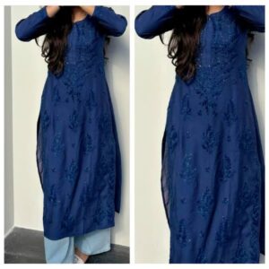 Stunning Blue Chikankari Kurti Set with elegant mukaish work paired with stylish denims