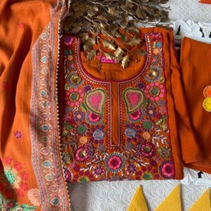 Stunning Burnt Orange Embroidered Kurta Set with Multicolor Floral Embroidery