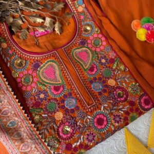 Stunning Burnt Orange Embroidered Kurta Set Side View in Muslin Fabric