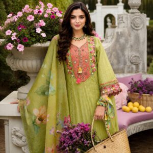 Stunning Embroidered Cotton Suit with Floral Dupatta in olive green featuring elegant embroidery and a floral printed dupatta