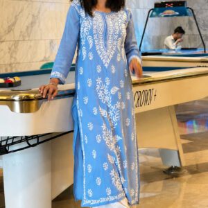 Stunning Powder Blue Chikankari Kurti Palazzo Set with delicate chikankari embroidery and elegant styling