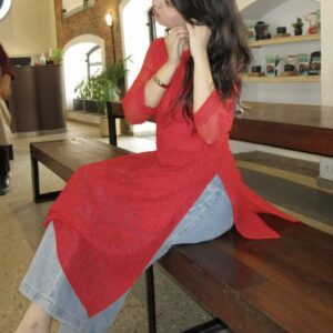 Stunning Red Cotton Jaal Work Kurti with Denims featuring elegant all-over jaal embroidery on soft cotton fabric for casual, office, and festive wear.