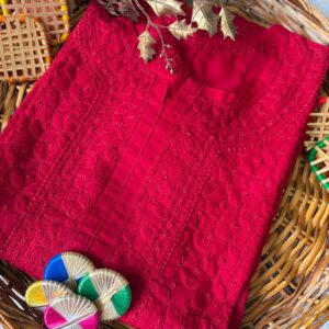 Alternative view of Stunning Red Cotton Jaal Work Kurti with Denims