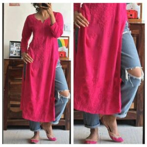 Vibrant Magenta Chikankari Kurti Set in soft modal fabric paired with stylish blue denim for an elegant fusion look
