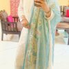 Front view of white chikankari kurti set with pant and dupatta