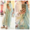 georgette white chikankari kurti set with denim pants and pastel blue gotta dupatta