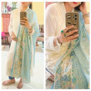 georgette white chikankari kurti set with denim pants and pastel blue gotta dupatta