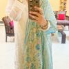 front look of chikankari kurti set with pastel blue dupatta