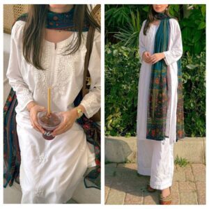 luxurious white modal chikankari kurti pant set with statement green dupatta showcasing fine chikankari detailing